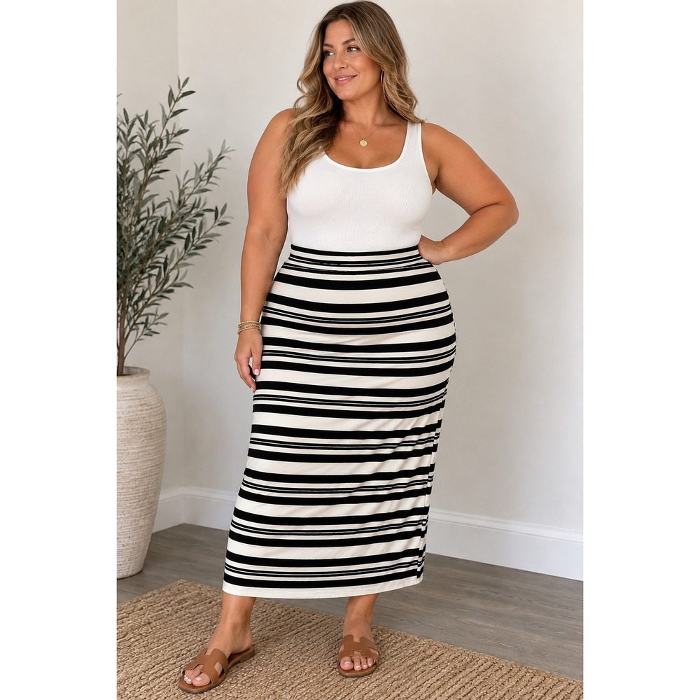 AB Studio Black White Striped Maxi Skirt XL Jersey Knit Elastic Waist USA Made